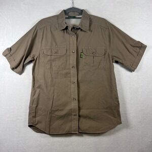 TAG Safari Womans Large Khaki Brown Cotton Short Sleeve Vented Back Travel Shirt
